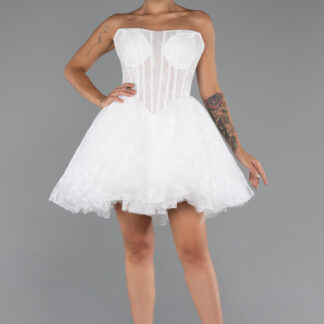 Ekru Straplez Balenli Mini Dantel Gelinlik ABG155