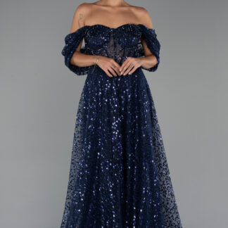 Lacivert Kayık Yaka Saten Peplum Kesim Uzun Şifon Abiye ABU5226