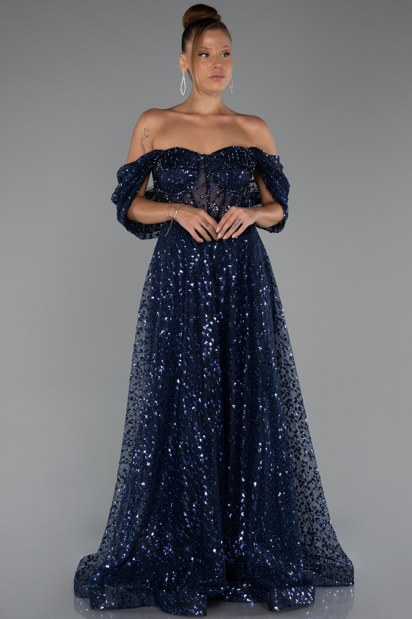 Lacivert Kayık Yaka Saten Peplum Kesim Uzun Şifon Abiye ABU5226