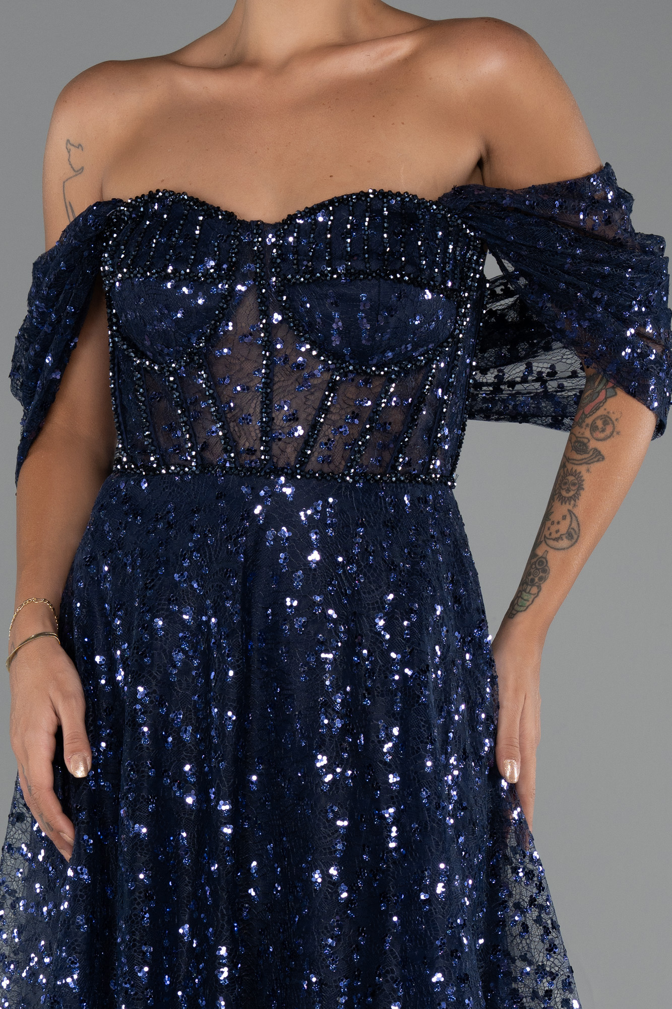 Lacivert Kayık Yaka Saten Peplum Kesim Uzun Şifon Abiye ABU5226 - Görsel 3