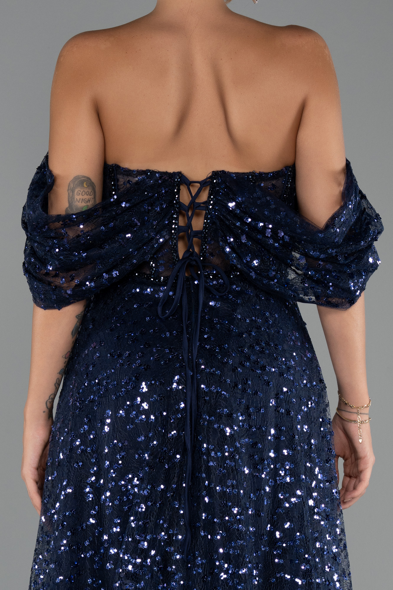 Lacivert Kayık Yaka Saten Peplum Kesim Uzun Şifon Abiye ABU5226 - Görsel 4