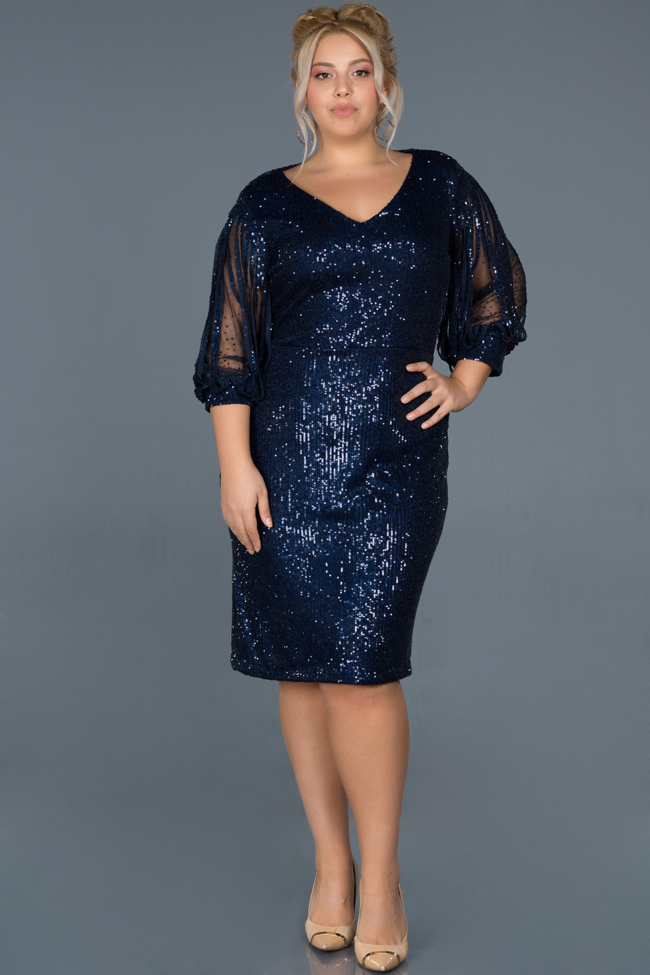 Lacivert Kapri Kol Kısa Pul Payet Büyük Beden Abiye ABK1879