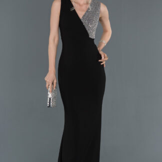 Siyah-Gümüş Uzun Kruvaze Yaka Balık Abiye Elbise ABU1190